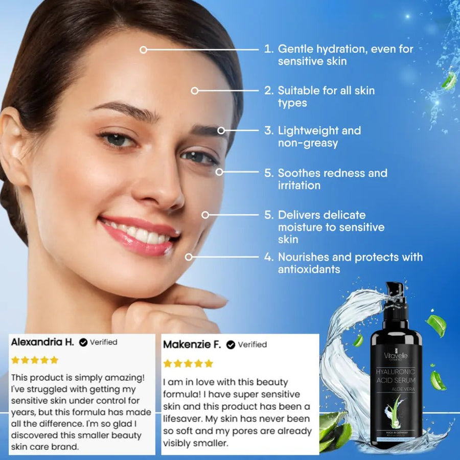 Best Hyaluronic Acid Serum With 2% HA And Three Molecular Weights For Deep Skin Penetration Aloe Vera Infused